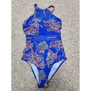 Pour Moi Blue Paisley Beach Bound High Neck One-Piece Swimsuit US 8 NWT